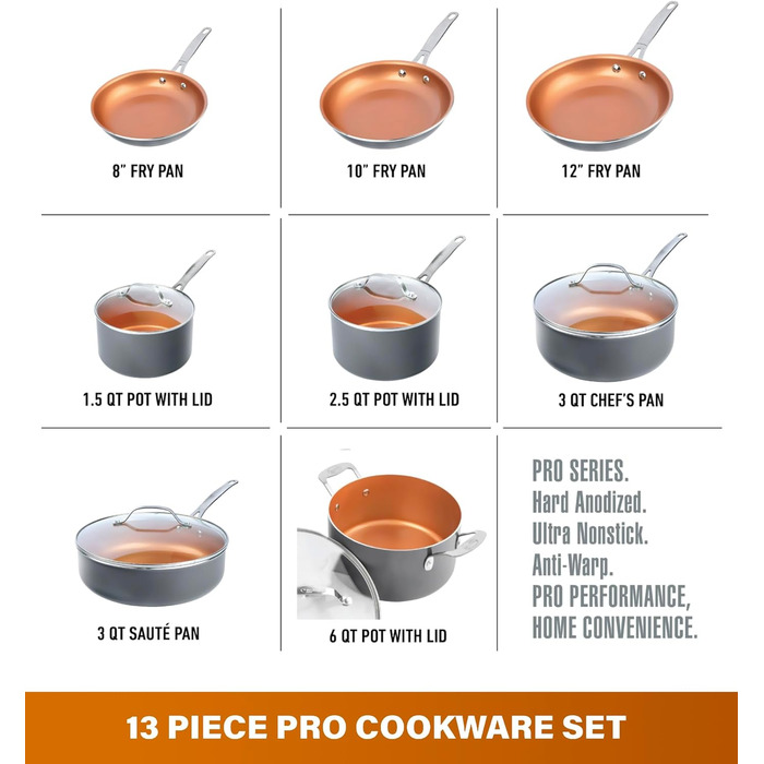 Набір кухонного посуду GOTHAM STEEL Pro Harteloxierte, 13 предметів: каструлі та сковороди з преміум-покриттям, кераміка та титан, безпечний для духовки та посудомийної машини, коричневий