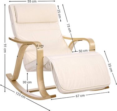 Крісло-гойдалка SONGMICS з берези, бежеве, з регульованою підставкою для ніг, бавовняний чохол, до 150 кг