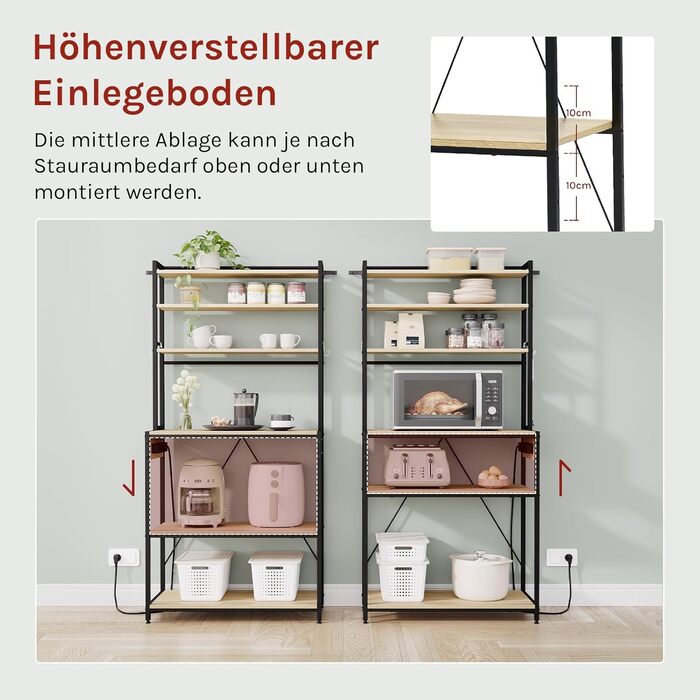 Кухонна полиця WOLTU з 6 ярусами, з розетками, для мікрохвильової печі, з металевим каркасом, регульовані полиці, Чорний+Рустикальний коричневий, 60 x 167 x 40 см