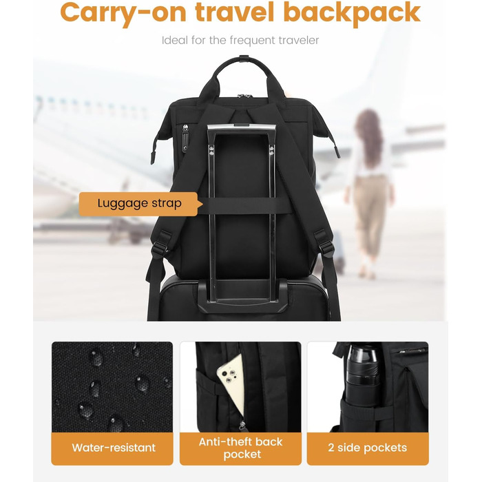 LOVEVOOK Рюкзак жіночий, чорний, 15.6 дюймів, водонепроникний, для школи, університету, роботи, подорожей, з USB-кабелем