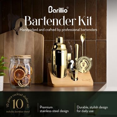 Набір для бармена Barillio Gold Elite Mixology: шейкер, інструменти, бамбуковий підставник, сумка, рецепти