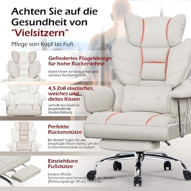 Офісний крісло NaspaLuro з підставкою для ніг, ергономічне, з підтримкою попереку, з високою спинкою, для дому та офісу, сірого кольору (білий 2, 77x66x134 см)