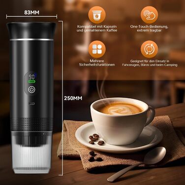 ADOGO Портативна кавомашина для еспресо з акумулятором, 20 Bar, електрична, сумісна з капсулами NS та меленою кавою, для подорожей та кемпінгу