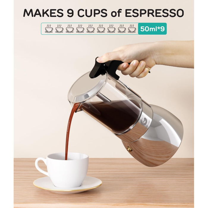 Кавоварка Espresso Gator для плити, мока-каструля з прозорого скла та нержавіючої сталі - кава по-італійськи, 9 чашок (450 мл), нержавіюча сталь