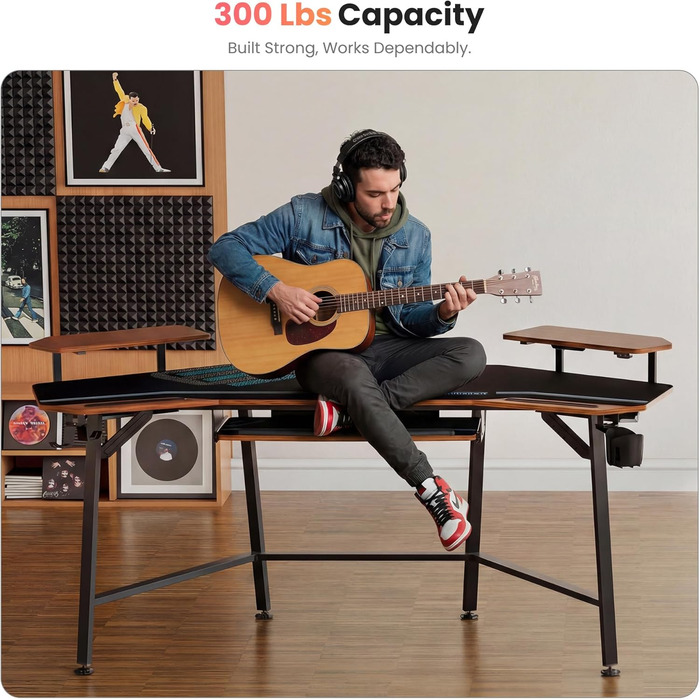 Ігровий стіл EUREKA ERGONOMIC 160x74 см з крилами для геймінгу, PC, Home Office, Live Streaming, 2 слоти для iPad, горіховий колір