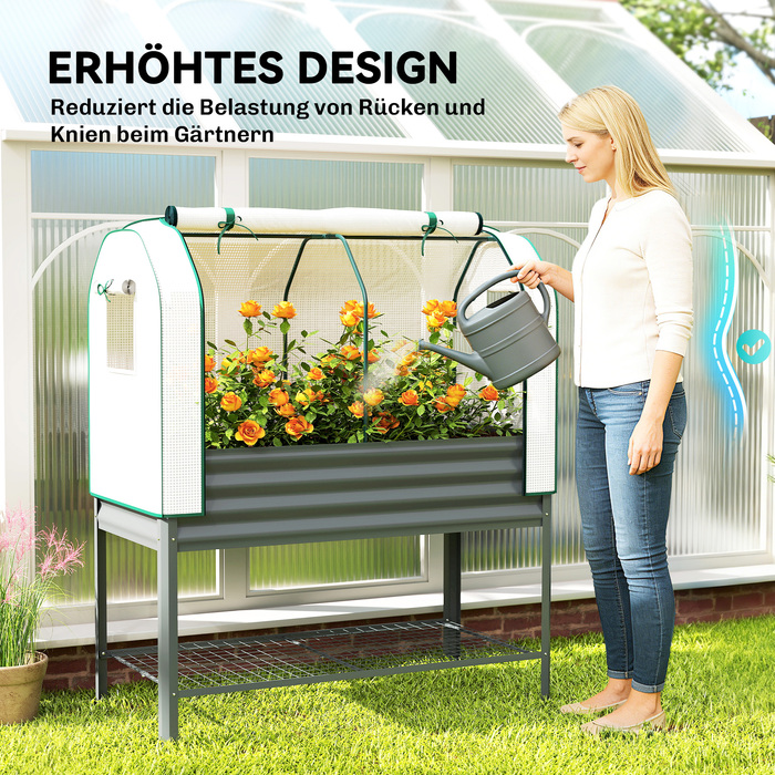 Підвищена грядка з тепличною кришкою з металу, ящик для вирощування рослин з парником та полицею, висота 120 x 55 x 140 см