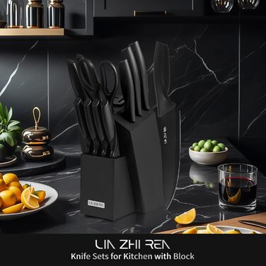 Набір ножів LIN ZHI REN 13 предметів з бруском, чорний. Кухонний набір ножів, ергономічні ручки, миється в посудомийній машині
