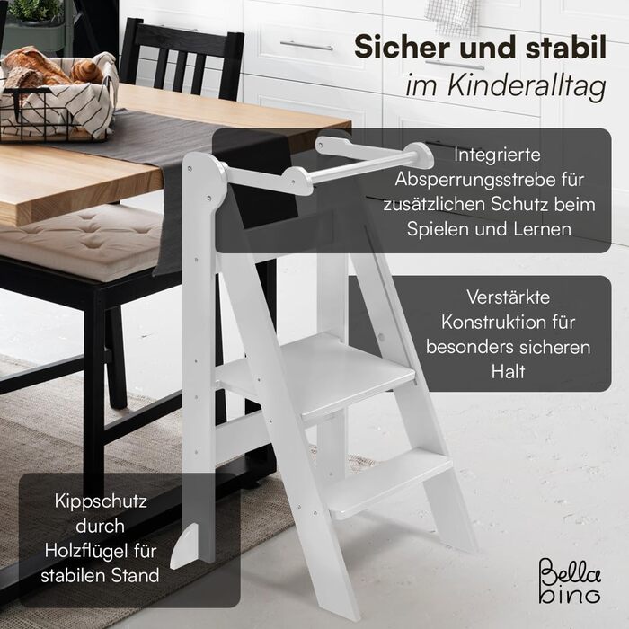 Bellabino Tay – Навчальний столик-лесенка для дітей від 1 року, білий, регульований, з захистом від перекидання, Монтессорі, з берези