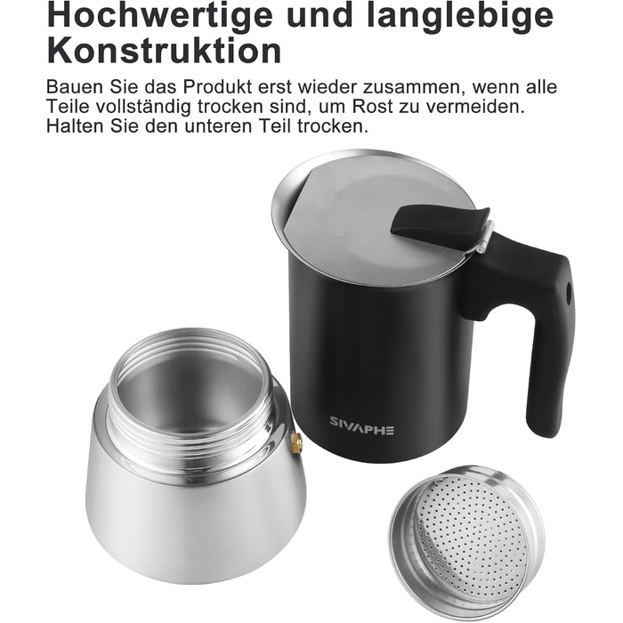 Espressokocher Sivaphe Induktion, 450 мл, нержавіюча сталь, для 9 порцій, без алюмінію