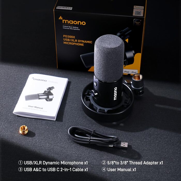 MAONO PD300X подкаст-мікрофон XLR/USB з шумозаглушенням, 192kHz/24Bit Hi-Fi аудіо, кнопка вимкнення звуку, програмне забезпечення для подкастингу, стрімінгу та студійного запису