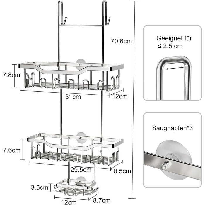 Підвісна душова полиця ZUIMENG, 3 яруси, без свердління, з мильницею та гачком, срібло