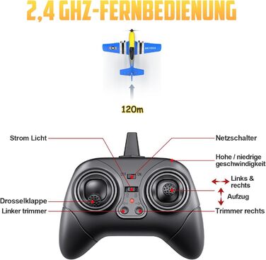 RC літак HAWK'S WORK P-51D Mustang 2.4GHz, готовий до польоту, 6-осьовий гіростабілізатор, синій - для дітей та початківців