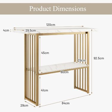 Консольний стіл LIFEZEAL мармуровий, вхідний стіл золотий з металевим каркасом, вузький стіл для передпокою в скандинавському стилі, багатофункціональний барний стіл для вітальні, передпокою, передпокою, передпокою, 120 x 29,5 x 92,5 см