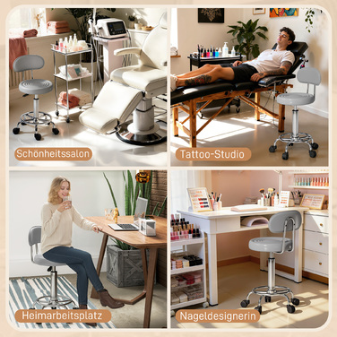 Регульований поворотний пуф з підніжкою та спинкою, обтягнутий штучною шкірою, сірого кольору. Ідеально підходить для перукарських салонів.