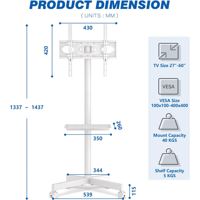 Візок для телевізора RFIVER для телевізора 27-60 дюймів, регульований по висоті, нахил, макс. 40 кг, VESA 400x400, білий