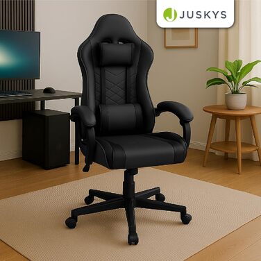 Ігровий крісло Juskys – ергономічне крісло для ПК та офісу, регульована спинка, регульована висота, штучна шкіра, чорний колір