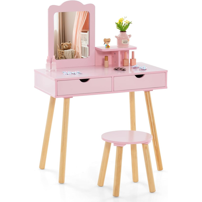 Дитячий туалетний столик COSTWAY 2-в-1 зі стільчиком та дзеркалом, з 2 шухлядами, гребінцем, для дівчаток 3-7 років (Рожевий)