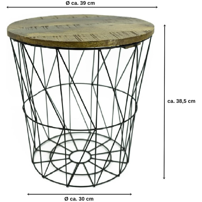 Набір з 3 металевих кошиків Бічний столик чорний - Сучасний металевий і дерев'яний стіл для вітальні - Дротяний кошик з кришкою - Круглий кошик для зберігання Журнальний столик у 3 розмірах - Стіл для вітальні (Кошик для журнального столу на 3 місця, чорн