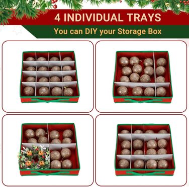 Коробка для прикрас на ялинку з 128 відділеннями, XL, з кришкою та додатковими кишенями, оксфордська тканина, червоно-зелена сітка