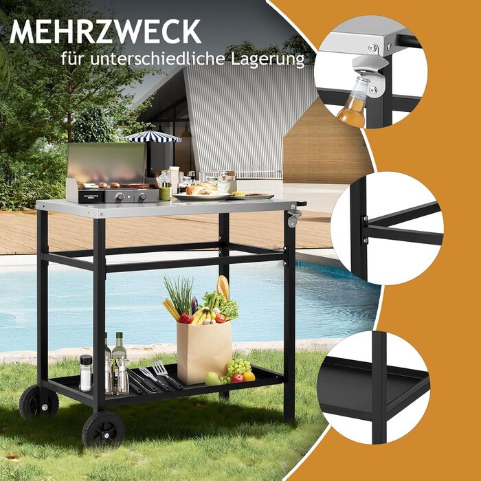 Гриль-вагон LEADZM - гриль-стіл для вулиці, 95 x 45 x 83 см, стіл з нержавіючої сталі срібного кольору, на колесах, мобільний, сервірувальний візок для садів, чорний, 95x45x83 см