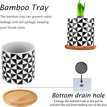 4 шт. горщики для сукулентів Coolty, кераміка, 7 см, міні-кактуси, геометричний дизайн, з підставкою та бамбуковим піддоном для декору