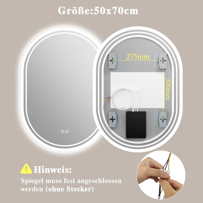 LED дзеркало для ванної кімнати Badspiegel з підсвічуванням, антизапар, сенсорне керування, регулювання яскравості, 3 кольори світла, овальне, 50x70 см