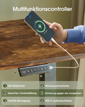 Електричний регульований стіл Flamaker з пам'яттю, ігрова модель, 160 x 60 см (Бежевий+Білий, Вінтажний Коричневий)