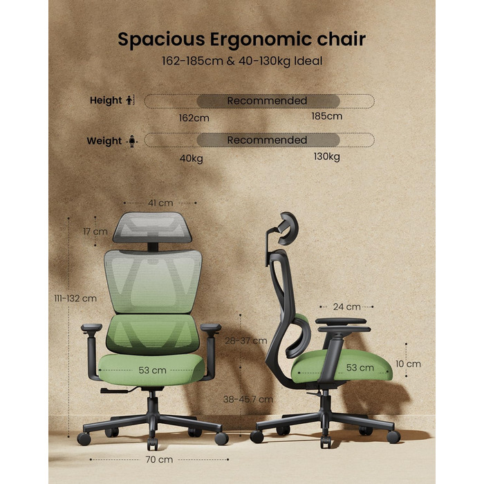 Крісло офісне ProtoArc EC100 зелене - ергономічне комп'ютерне крісло з товстим пружинним сидінням, підтримкою попереку, регульованими підлокітниками та підголівником, поворотне крісло з сітчастою спинкою для дому та офісу