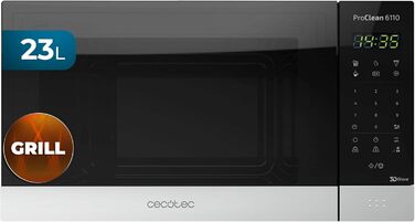 Мікрохвильова піч Cecotec Pro Clean 6110, 23 л, 800 Вт, гриль 1000 Вт, 8 програм, Ready 2 Clean, 3D Wave, чорна/срібляста нержавійка
