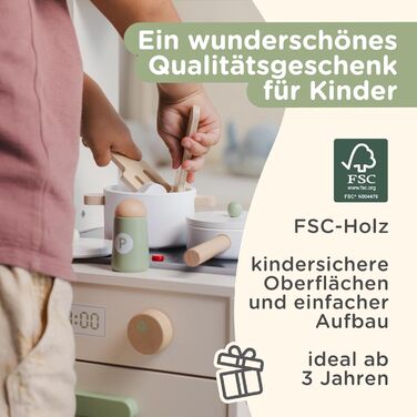 Дерев'яна дитяча кухня Nene Toys – іграшковий кухонний набір з підсвіткою та звуком, мийка, кран, мікрохвильова піч, духовка, полиці, гачки + аксесуари – іграшка Монтессорі від 3 років – подарунок для дівчаток та хлопчиків