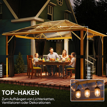 Газонний павільйон приблизно 4x3 м з алюмінієвим каркасом та полікарбонатним дахом 6 мм, з москітною сіткою, 4 боковими панелями з імітацією натурального дерева.