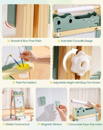 Мольберт для малювання ROBOTIME Alligator – 3-в-1, регульована висота, дерев'яний мольберт з магнітною дошкою, крейдяною дошкою та держателем для рулонів паперу, дитяча арт-станція для хлопчиків та дівчаток