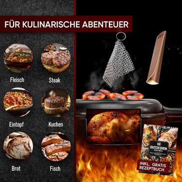 Нідерландський горщик 2в1 з чавуну 4.8л & сковорода з чавуну 1.8л - Набір нідерландського горщика з подвійною функцією - з кулінарною книгою та аксесуарами для барбекю, кемпінгу та кухні - 30 років гарантії (2в1 сковорода)