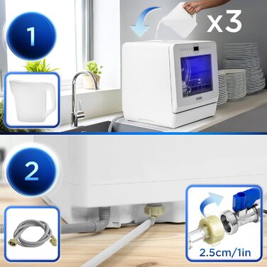 Настільна посудомийна машина Duronic DW5 BK, міні, 6 програм, 3 комплекти посуду, бак 5 л, без підключення до води