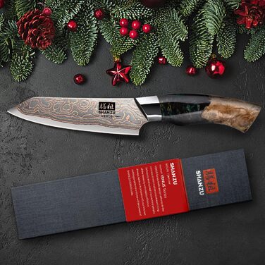 Кухонний ніж SHAN ZU з дамаської сталі з мідним лезом, ручне ковальство, японський ніж, 33 шари дамаської сталі, мідь, професійний, 20 см, серія VENUS. Також: ніж для фруктів 9,5 см