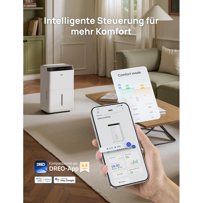 Dreo Розумний осушувач повітря - 20л, для приміщень до 37 м², з керуванням через додаток та Alexa, 3 режими, таймер, регулювання вологості, з відводом води, для спальні та ванної кімнати, білий/чорний