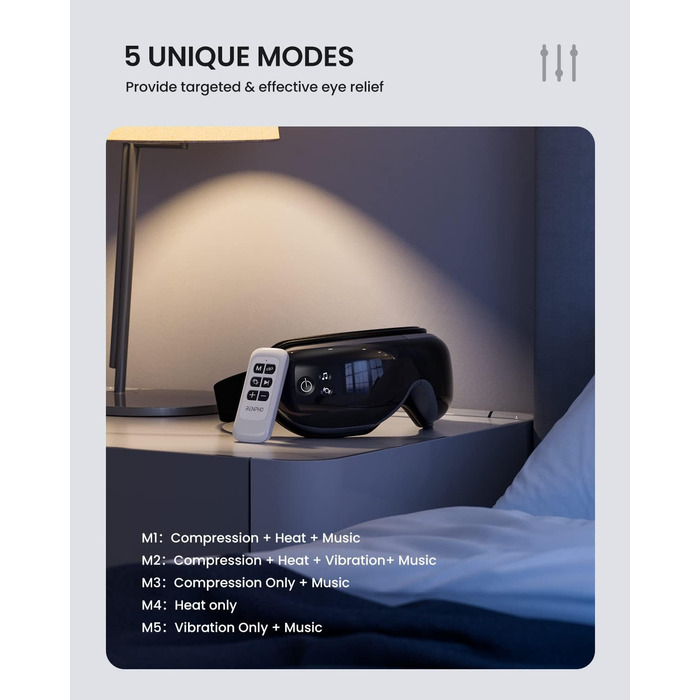 Масажер для очей RENPHO Eyeris 1 з пультом, підігрівом, вібрацією та Bluetooth, акумуляторний. Для сухих очей, подарунок для жінок та чоловіків (чорний)