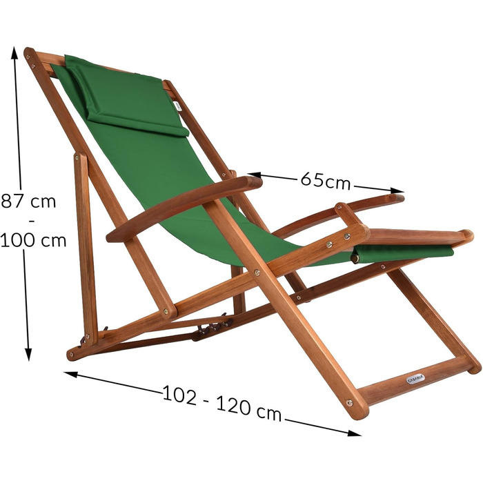 Лежак для відпочинку Casaria® з дерева, стійкий до погодних умов, складний, регульований, до 160 кг, з підлокітниками та подушкою для шиї, для саду та балкону, акація, 94x94x60 см, зелений