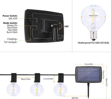 Сонячна гірлянда світла зовні, DeepDream 14M G40 лампа рядок світла зовні з 25 2 лампами, 4 режими освітлення IP65 водонепроникний зовнішній