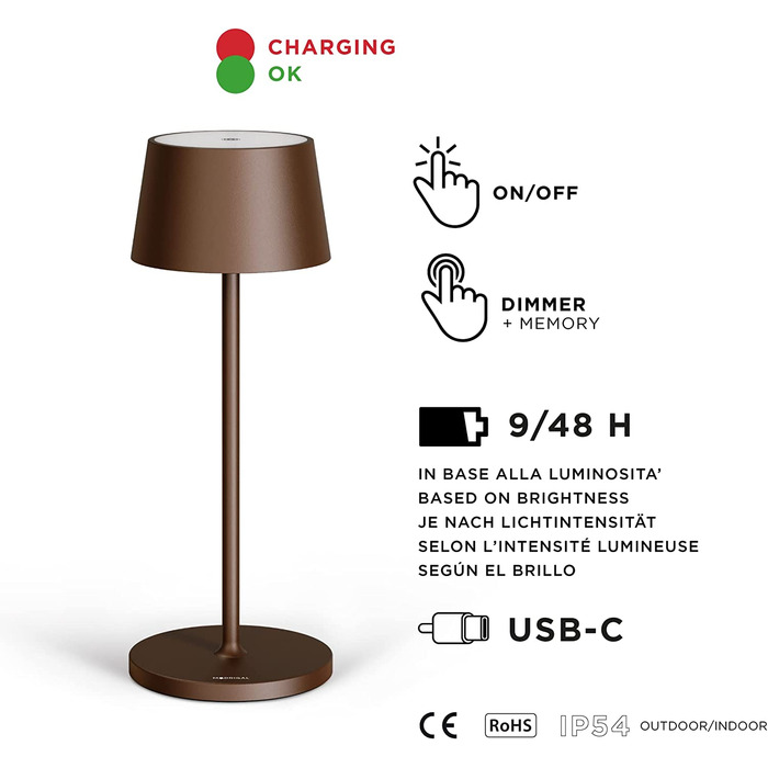 Стильна LED-лампа Stilosa на акумуляторі - бездротова торшерна лампа з торшером з сенсорним керуванням, USB-C, для дому та на вулицю (діаметр основи 30 см, бронза)