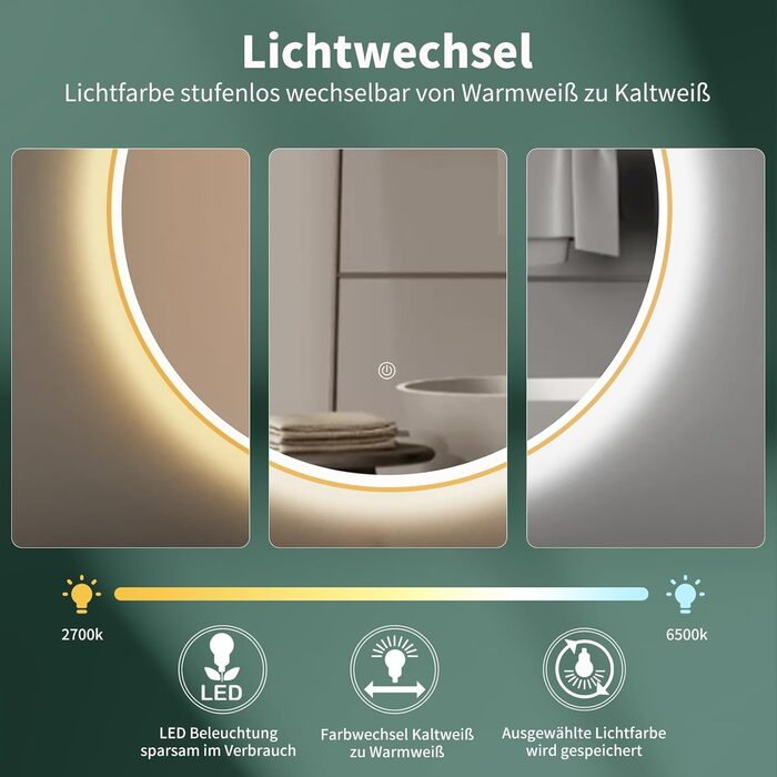 Дзеркало для ванної кімнати HOKO Design Riga, кругле, 60 см, з металевим каркасом Gold. LED-підсвічування, сенсорне керування, зміна кольору світла (тепле, холодне, нейтральне). 60 x 60 см