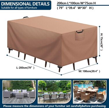 Захисний чохол для садово-патіо меблів на зиму, водовідштовхувальний, 420D Oxford, анти-UV, для столів та інших меблів, захист від дощу та пилу (Хакі, 200x100x75 см)