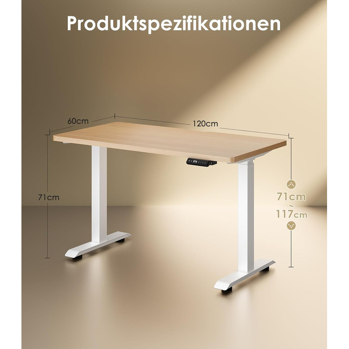 Електричний регульований стіл OffiGo 120x60 см з двома моторами, USB-порт, 3 функції пам'яті, дуб