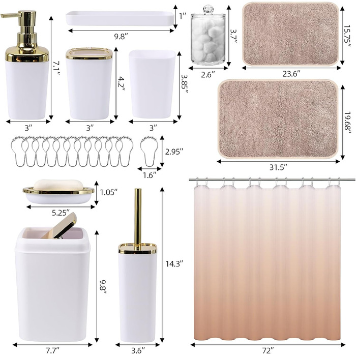 Комплекти аксесуарів для ванної кімнати, 9 предметів: сміттєвий бак, лоток для косметики, дозатор мила, мильниця, стакан для зубної щітки, щітка для унітазу, тримач для ватних паличок (білий та золотий), комплект для ванної + штора для душу + килимок для 