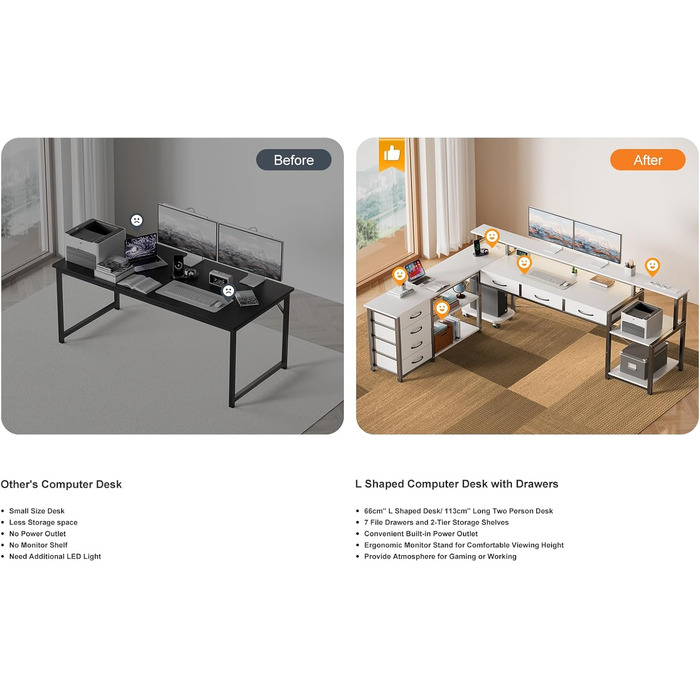 Кутовий стіл з ящиками, геймінговий стіл з розеткою, LED та підставка для монітора, 200 x 146 см, 7 тканинних ящиків, комп'ютерний стіл для офісу, робочого кабінету, спальні (Білий)