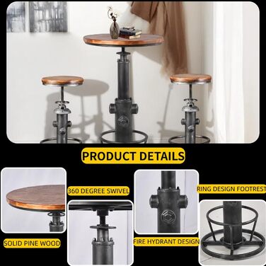 Столик барний вінтажний в індустріальному стилі, дизайн як пожежний гідрант, на 2-3 особи, регулювання висоти 98-112,8 см (срібляний)
