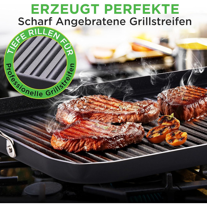 НутріШеф Гриль-плита 56 см – чавунна сковорода-гриль з антипригарним покриттям та жолобками для збору жиру, стійка до високих температур. Підходить для газового гриля, плити, BBQ та приготування їжі в приміщенні.