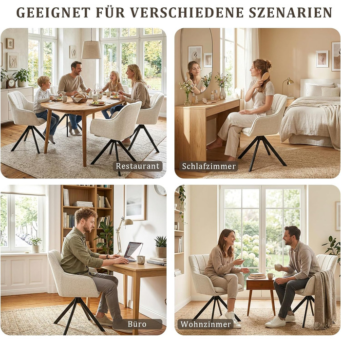 Набір обідніх крісел, сірий, з підлокітниками, з м'яким сидінням, поворотні, для кухні та вітальні (2 шт., кремово-білий)