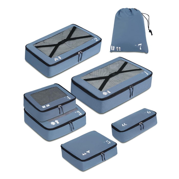 Набір органайзерів для валізи ECOHUB (7 предметів), дорожні пакувальні куби з застібкою-блискавкою з переробленого PET, синій
