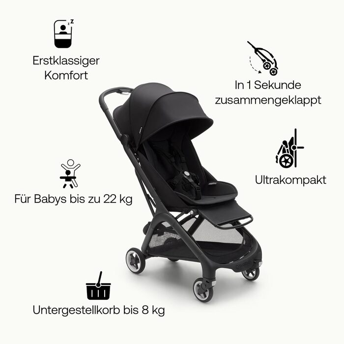 Bugaboo Butterfly: ультракомпактна коляска для подорожей, легка та зручна, складається одним рухом, ергономічна для міста, для малюків від 6 місяців, з великим об'ємом багажника (Midnight Black, Bundle)